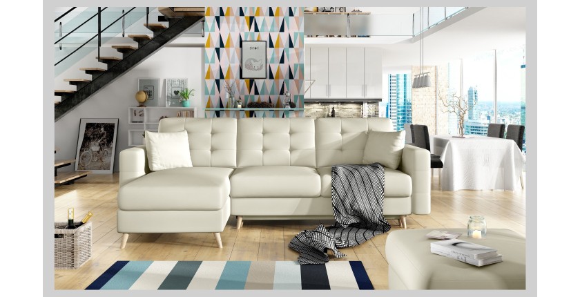 Canapé d’angle convertible HASGARD 3 places beige 248x162 cm – coffre et pieds bois