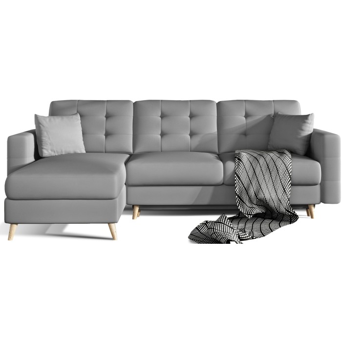 Canapé d’angle convertible HASGARD 3 places gris 248x162 cm – coffre et pieds bois