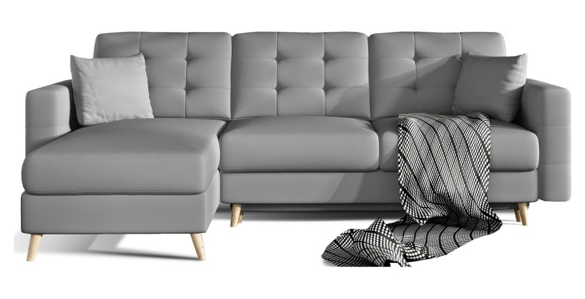 Canapé d’angle convertible HASGARD 3 places gris 248x162 cm – coffre et pieds bois