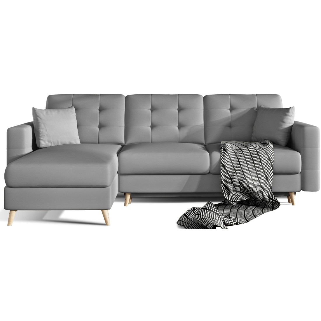 Canapé d’angle convertible HASGARD 3 places gris 248x162 cm – coffre et pieds bois