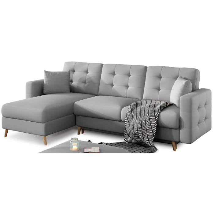 Canapé d’angle convertible HASGARD 3 places gris 248x162 cm – coffre et pieds bois