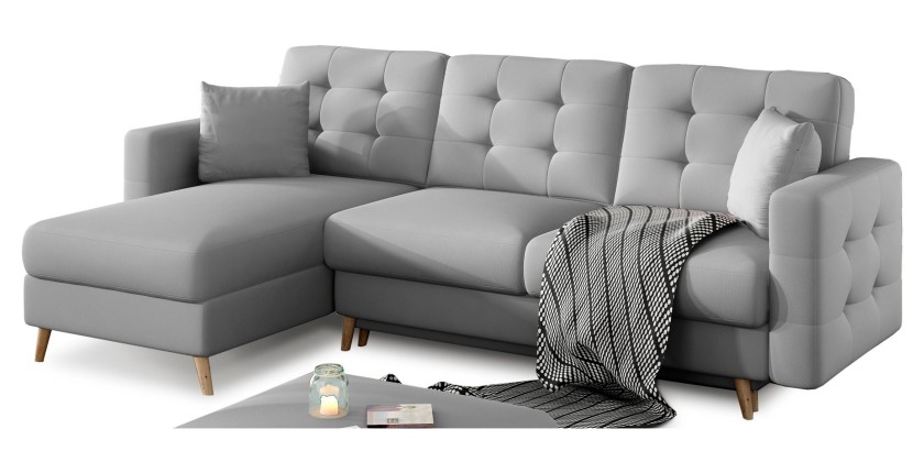 Canapé d’angle convertible HASGARD 3 places gris 248x162 cm – coffre et pieds bois