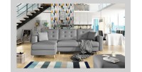 Canapé d’angle convertible HASGARD 3 places gris 248x162 cm – coffre et pieds bois