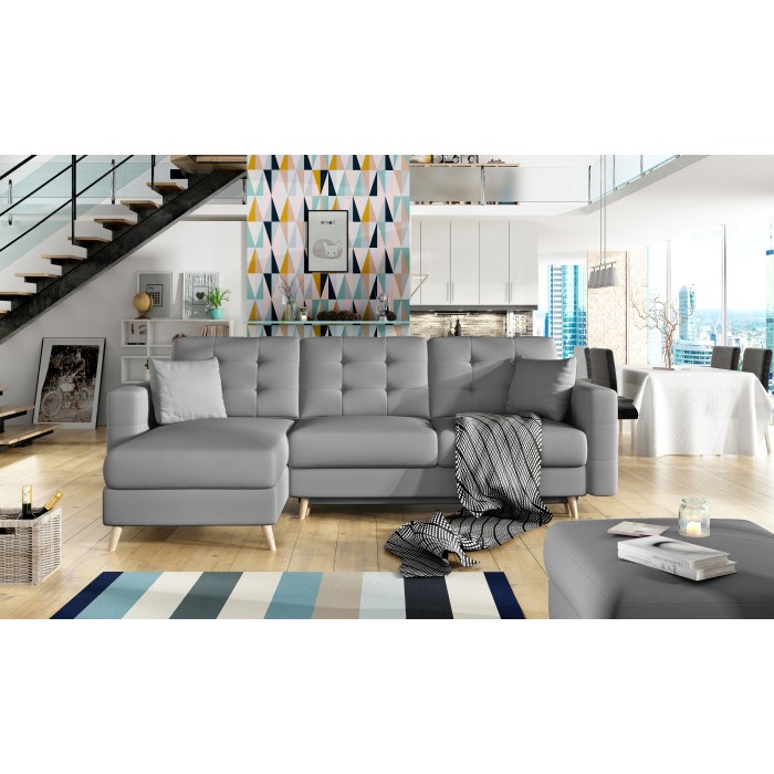 Canapé d’angle convertible HASGARD 3 places gris 248x162 cm – coffre et pieds bois