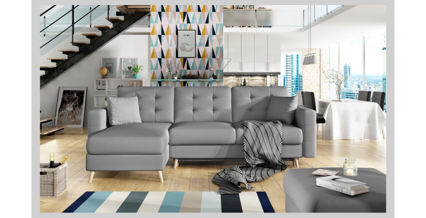Canapé d’angle convertible HASGARD 3 places gris 248x162 cm – coffre et pieds bois