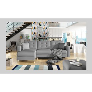 Canapé d’angle convertible HASGARD 3 places gris 248x162 cm – coffre et pieds bois