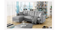 Canapé d’angle convertible HASGARD 3 places gris 248x162 cm – coffre et pieds bois