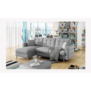 Canapé d’angle convertible HASGARD 3 places gris 248x162 cm – coffre et pieds bois