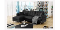 Canapé d’angle convertible HASGARD 3 places noir 248x162 cm – coffre et pieds bois