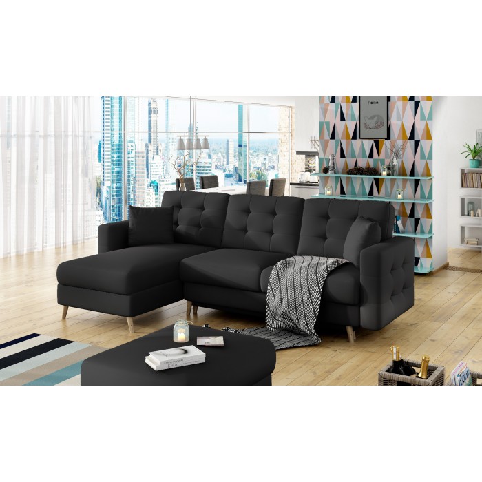 Canapé d’angle convertible HASGARD 3 places noir 248x162 cm – coffre et pieds bois Divano angolare trasformabile HASGARD 3 posti