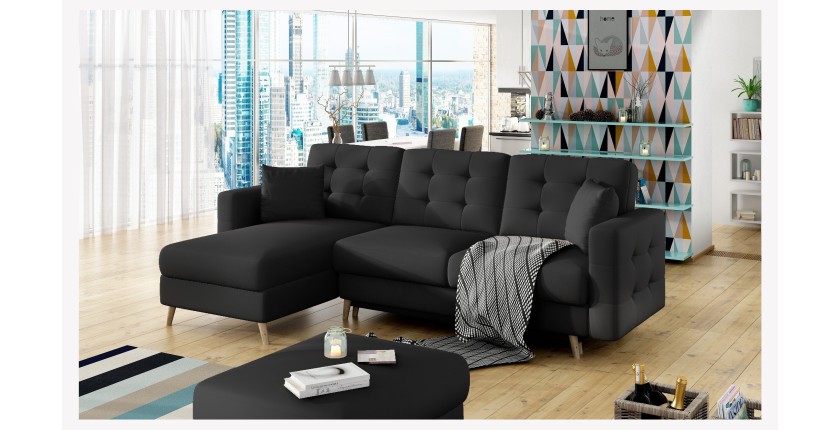 Canapé d’angle convertible HASGARD 3 places noir 248x162 cm – coffre et pieds bois