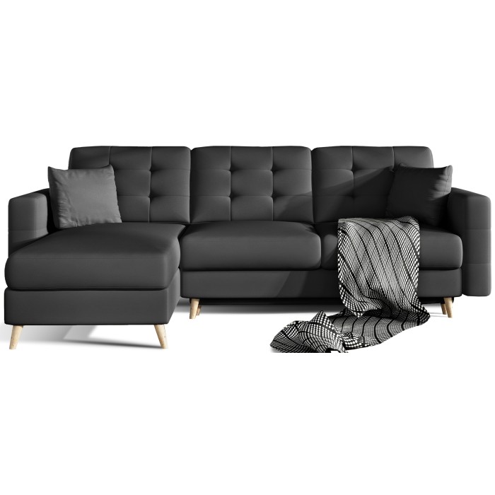 Canapé d’angle convertible HASGARD 3 places noir 248x162 cm – coffre et pieds bois Divano angolare trasformabile HASGARD 3 posti