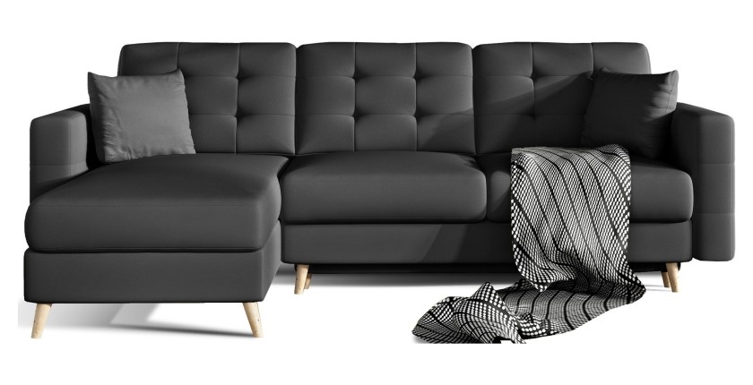 Canapé d’angle convertible HASGARD 3 places noir 248x162 cm – coffre et pieds bois