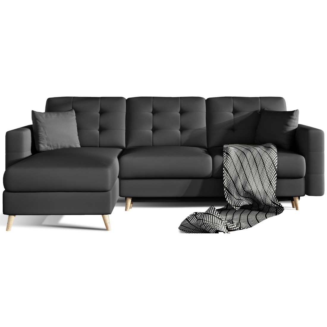 Canapé d’angle convertible HASGARD 3 places noir 248x162 cm – coffre et pieds bois