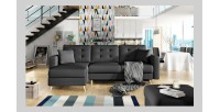 Canapé d’angle convertible HASGARD 3 places noir 248x162 cm – coffre et pieds bois