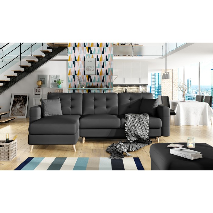 Canapé d’angle convertible HASGARD 3 places noir 248x162 cm – coffre et pieds bois Divano angolare trasformabile HASGARD 3 posti