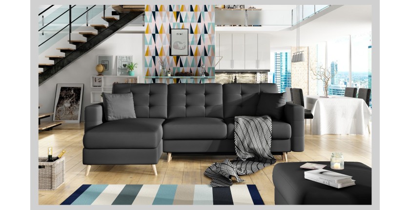 Canapé d’angle convertible HASGARD 3 places noir 248x162 cm – coffre et pieds bois