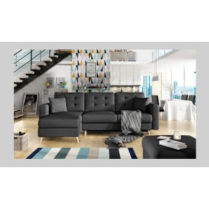Canapé d’angle convertible HASGARD 3 places noir 248x162 cm – coffre et pieds bois