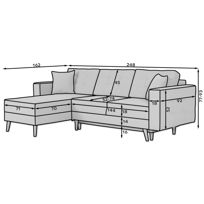 Canapé d’angle convertible HASGARD 3 places noir 248x162 cm – coffre et pieds bois Divano angolare trasformabile HASGARD 3 posti