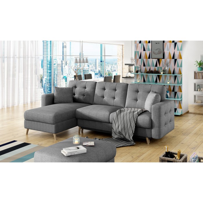 Canapé d’angle convertible HASGARD 3 places gris foncé 248x162 cm – coffre et pieds bois
