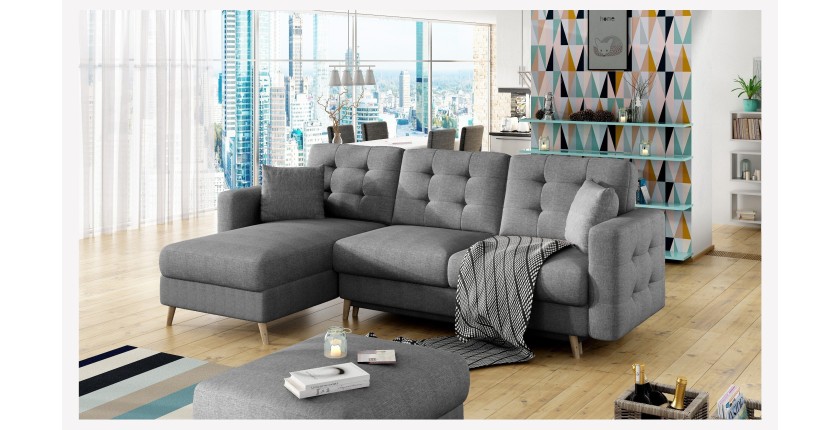 Canapé d’angle convertible HASGARD 3 places gris foncé 248x162 cm – coffre et pieds bois