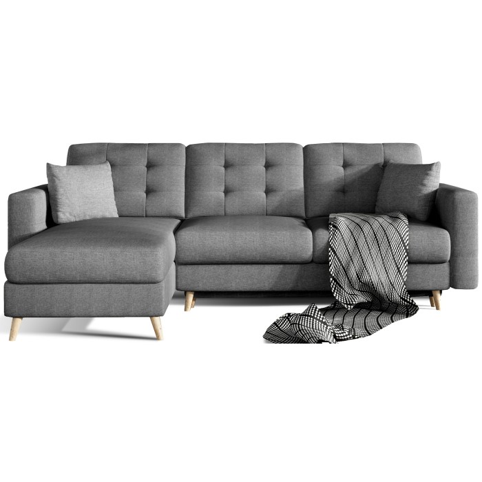 Canapé d’angle convertible HASGARD 3 places gris foncé 248x162 cm – coffre et pieds bois