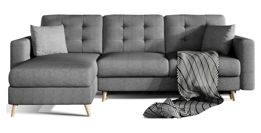 Canapé d’angle convertible HASGARD 3 places gris foncé 248x162 cm – coffre et pieds bois