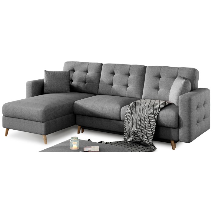 Canapé d’angle convertible HASGARD 3 places gris foncé 248x162 cm – coffre et pieds bois