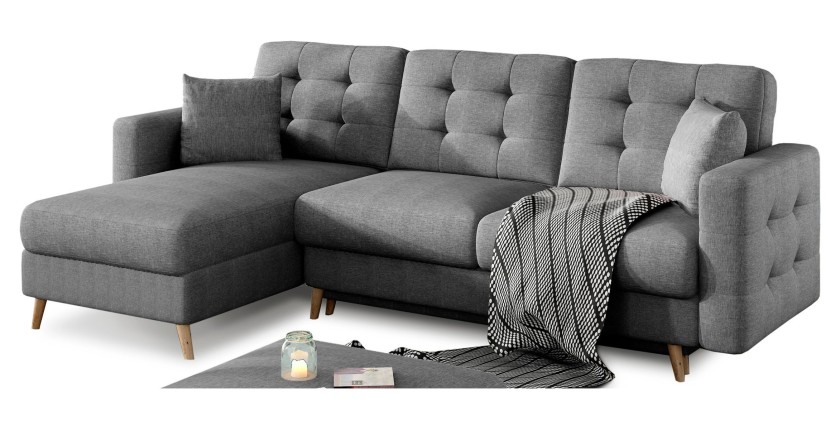 Canapé d’angle convertible HASGARD 3 places gris foncé 248x162 cm – coffre et pieds bois
