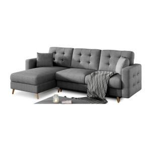 Canapé d’angle convertible HASGARD 3 places gris foncé 248x162 cm – coffre et pieds bois