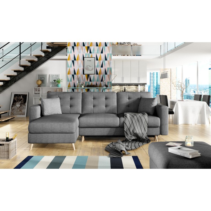Canapé d’angle convertible HASGARD 3 places gris foncé 248x162 cm – coffre et pieds bois