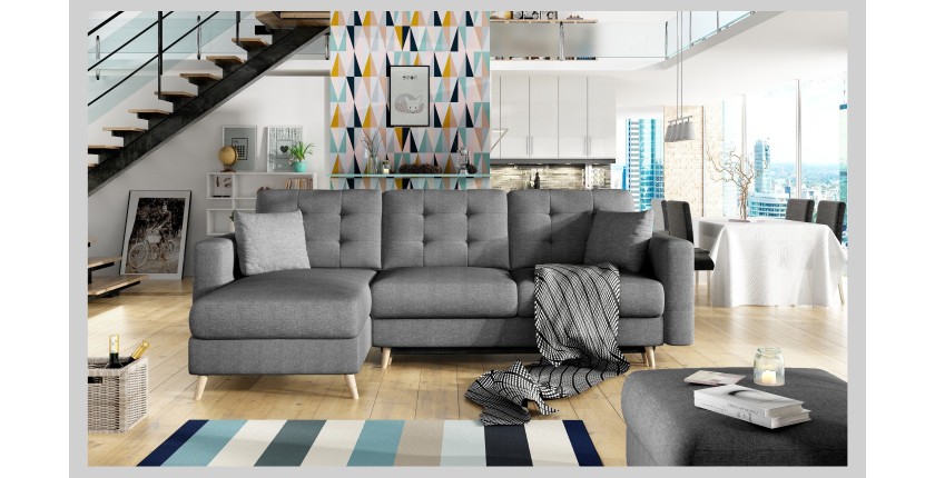 Canapé d’angle convertible HASGARD 3 places gris foncé 248x162 cm – coffre et pieds bois