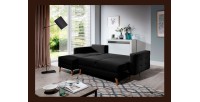 Canapé d’angle convertible HASGARD 3 places noir 248x162 cm – coffre et pieds bois