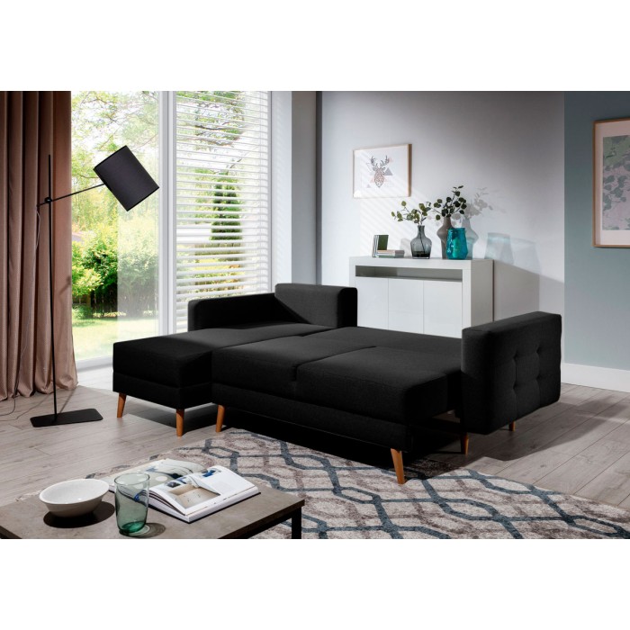 Canapé d’angle convertible HASGARD 3 places noir 248x162 cm – coffre et pieds bois