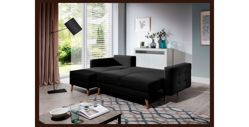 Canapé d’angle convertible HASGARD 3 places noir 248x162 cm – coffre et pieds bois