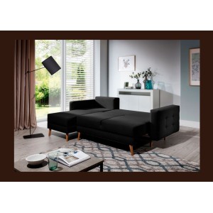 Canapé d’angle convertible HASGARD 3 places noir 248x162 cm – coffre et pieds bois