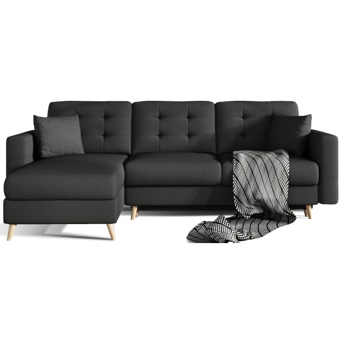 Canapé d’angle convertible HASGARD 3 places noir 248x162 cm – coffre et pieds bois