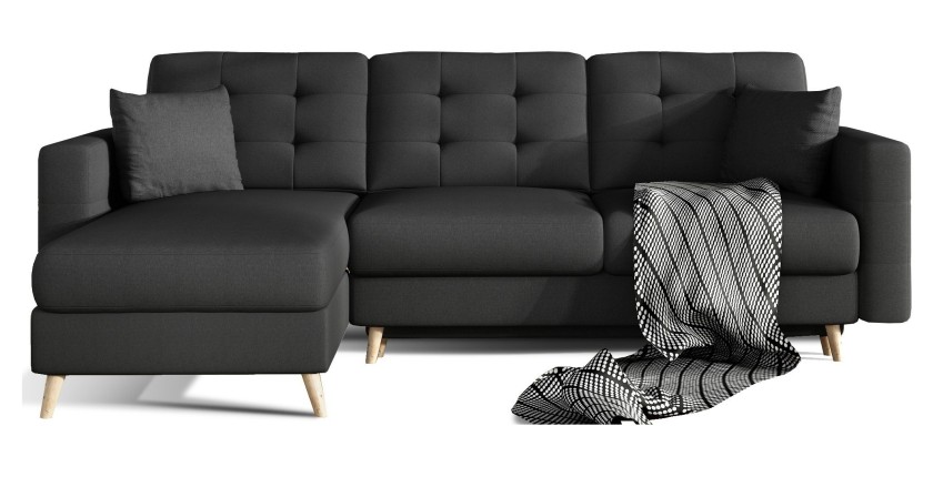 Canapé d’angle convertible HASGARD 3 places noir 248x162 cm – coffre et pieds bois