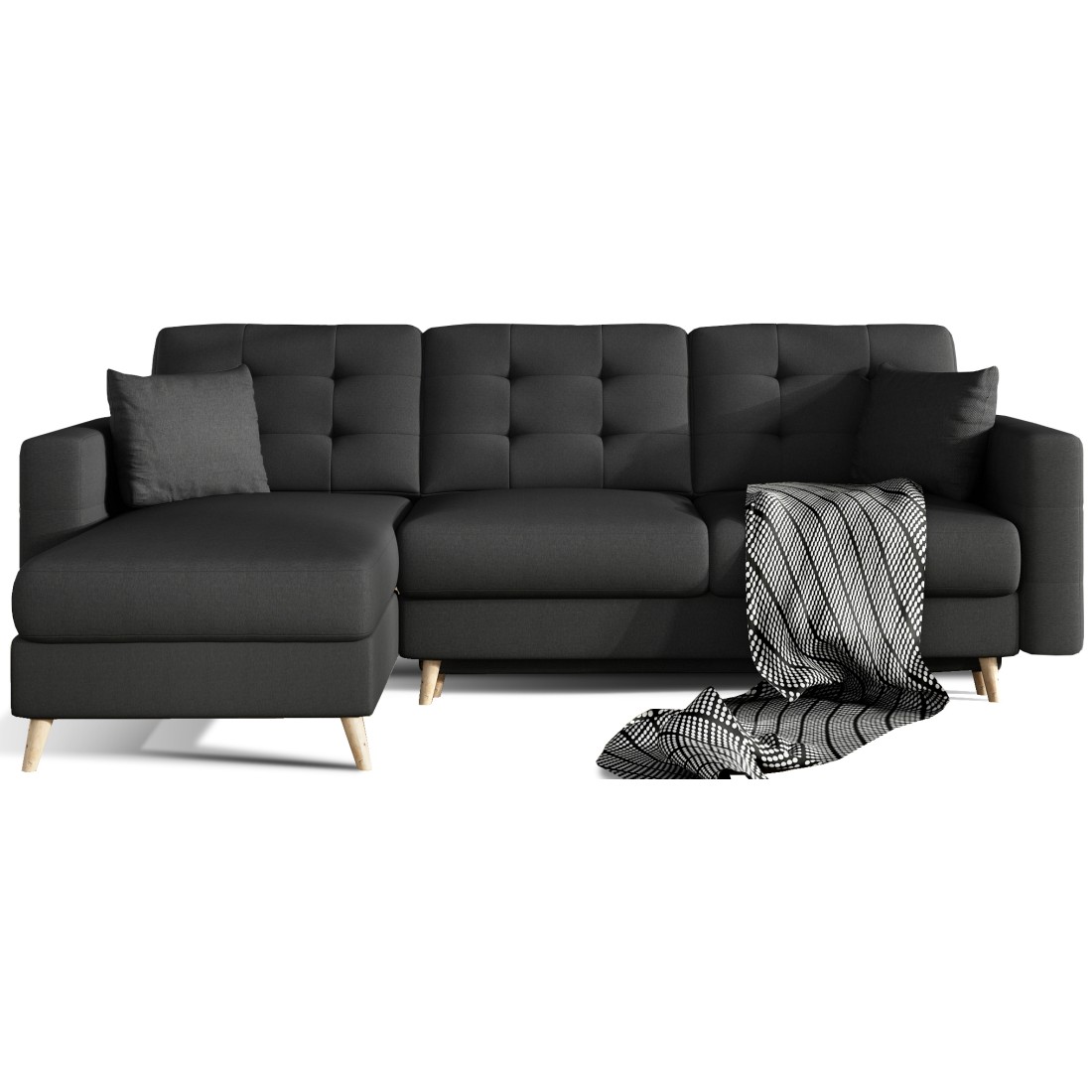 Canapé d’angle convertible HASGARD 3 places noir 248x162 cm – coffre et pieds bois
