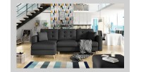 Canapé d’angle convertible HASGARD 3 places noir 248x162 cm – coffre et pieds bois