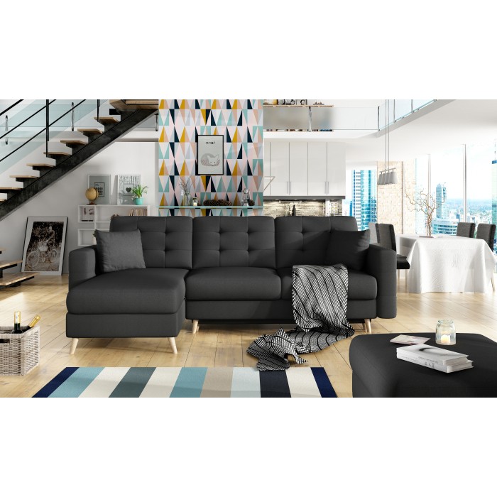 Canapé d’angle convertible HASGARD 3 places noir 248x162 cm – coffre et pieds bois