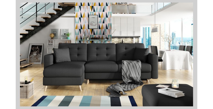 Canapé d’angle convertible HASGARD 3 places noir 248x162 cm – coffre et pieds bois