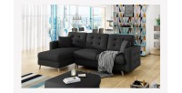 Canapé d’angle convertible HASGARD 3 places noir 248x162 cm – coffre et pieds bois