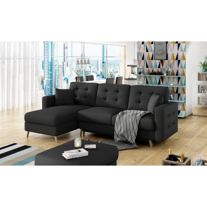 Canapé d’angle convertible HASGARD 3 places noir 248x162 cm – coffre et pieds bois