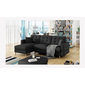 Canapé d’angle convertible HASGARD 3 places noir 248x162 cm – coffre et pieds bois