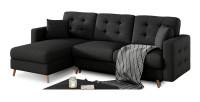 Canapé d’angle convertible HASGARD 3 places noir 248x162 cm – coffre et pieds bois