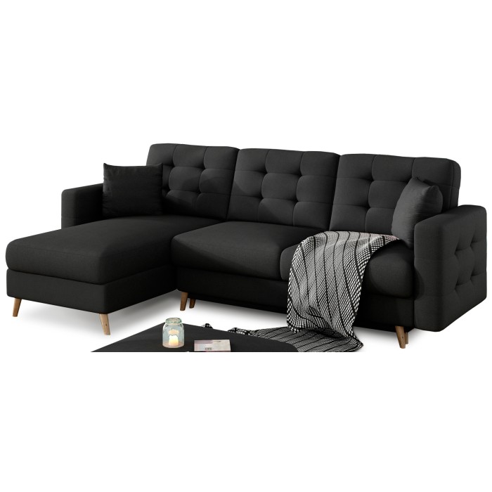 Canapé d’angle convertible HASGARD 3 places noir 248x162 cm – coffre et pieds bois