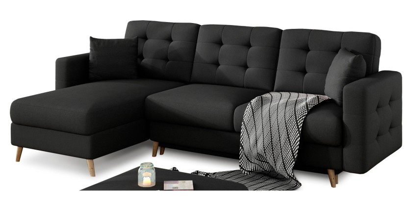 Canapé d’angle convertible HASGARD 3 places noir 248x162 cm – coffre et pieds bois