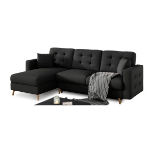 Canapé d’angle convertible HASGARD 3 places noir 248x162 cm – coffre et pieds bois
