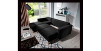 Canapé d’angle convertible HASGARD 3 places noir 248x162 cm – coffre et pieds bois